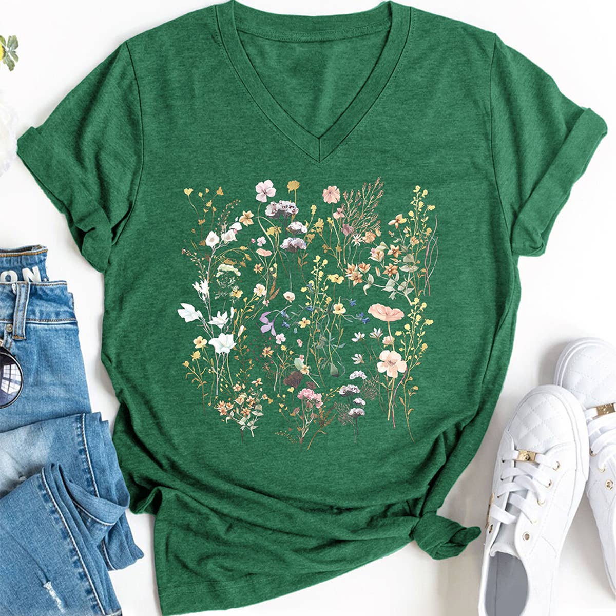 FLORAL V NECK GRAPHIC TEE FOR WOMEN LOOSE FIT_CWTTS1483