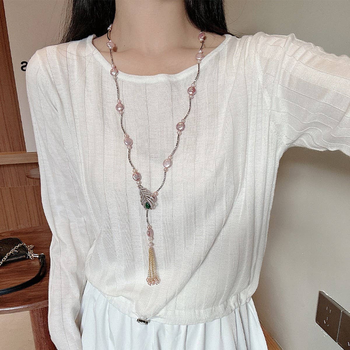 NICHE HIGH END TASSEL PEARL SWEATER NECKLACE_CWAJE3898