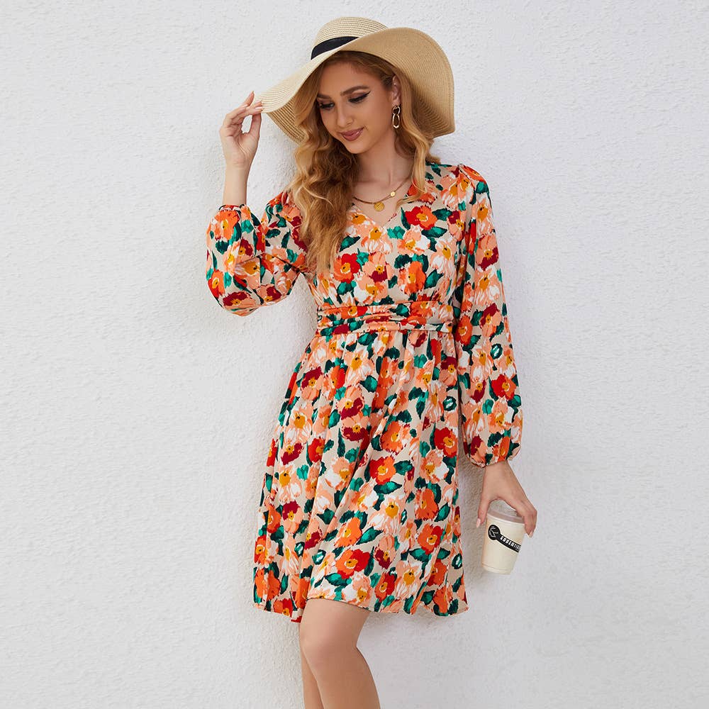 V Neck Floral Long Sleeve Dress With Waist Tie