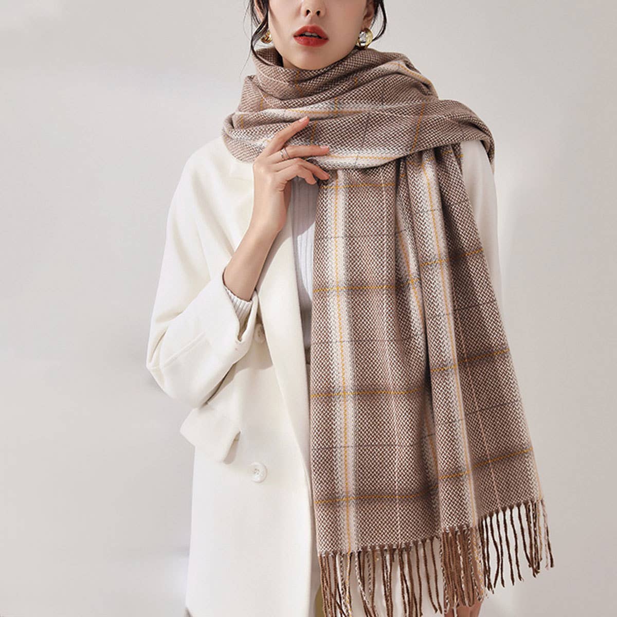 PLAID FAUX CASHMERE SCARF TASSEL WINTER SHAWL_CWASC0218