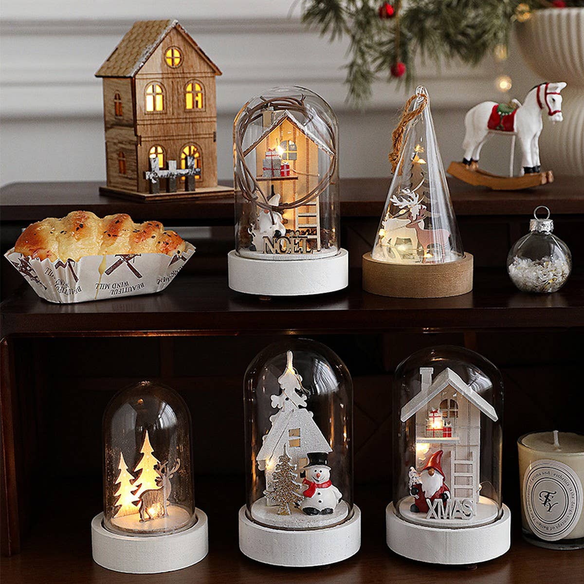 Wood Glass Xmas Night Light Santa Reindeer Scene_Cwmm9691