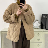 V Round Neck Spliced Lamb Wool Padded Jacket