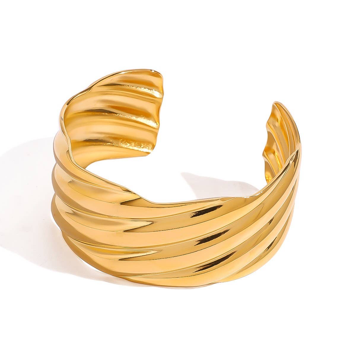 RETRO WAVE DESIGN 18K GOLD STEEL OPEN BANGLE_CWAJE4892