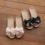 CUTE BOW LINEN SLIPPERS FOR HOME OFFICE_CWSHF0193