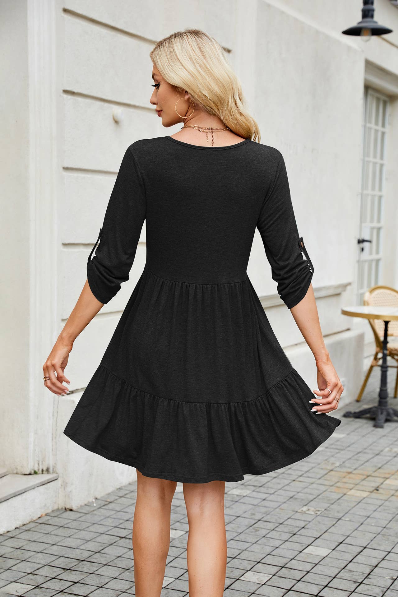 Solid Color Crew-Neck Button Mid-Length Dress