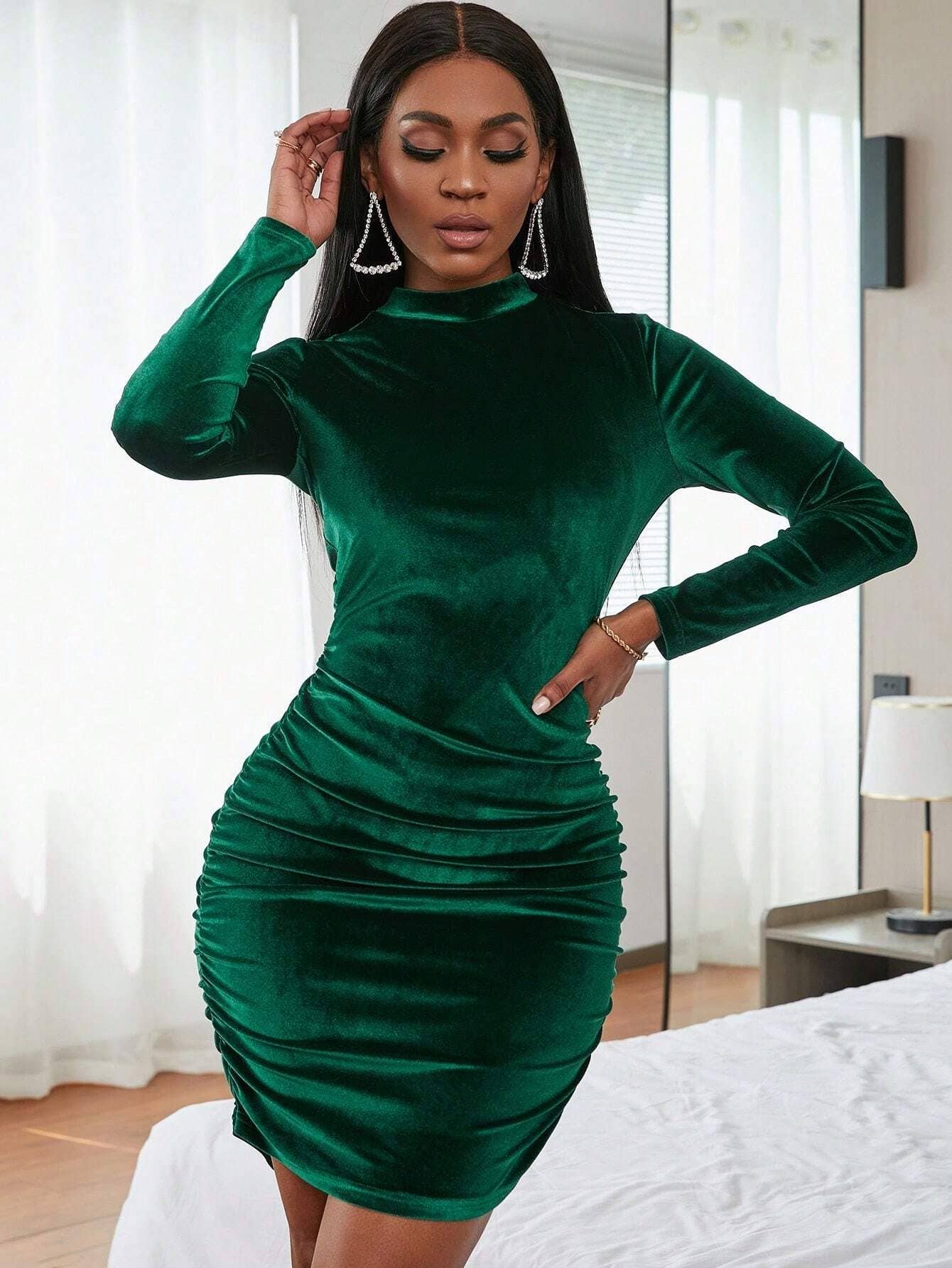 Velvet Dress With High Neck And Long Sleeves