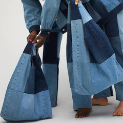 SPLICED WASHE LARGE CAPACITY DENIM BAG SHOPPING BAG_CWAB1934