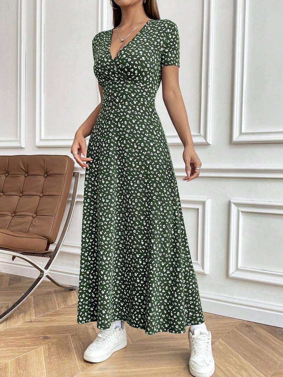 V-Neck Elegant Cinched Waist Casual Floral Dress