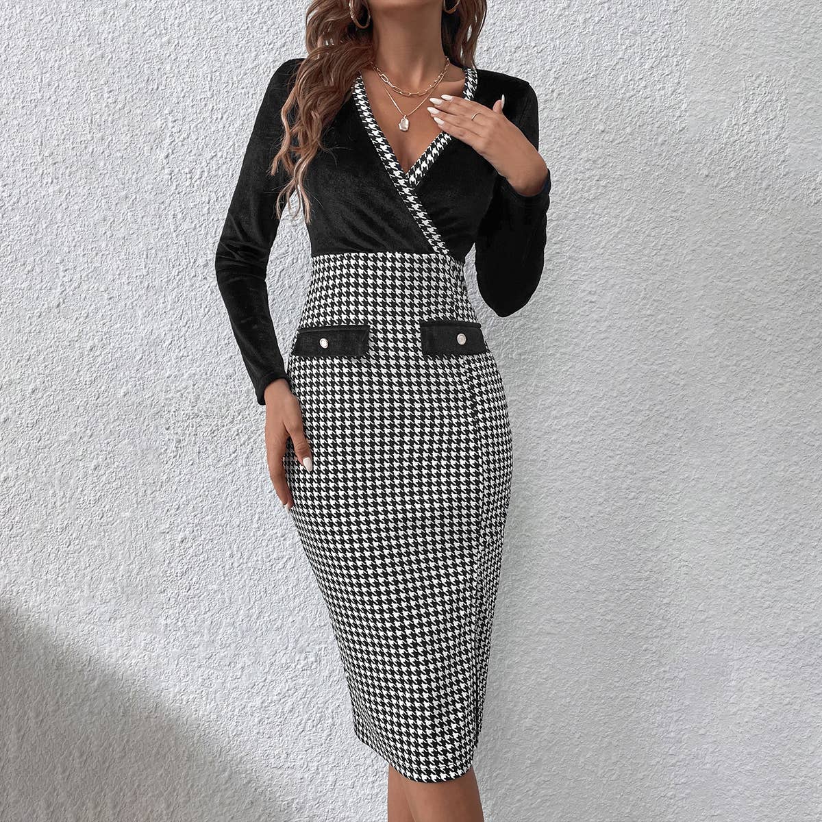 V-Neck Long Sleeve Plaid Midi With Hip Wrap