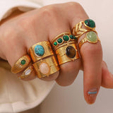 GOLD STAINLESS STEEL INLAID NATURAL STONE RINGS_CWAJE0611
