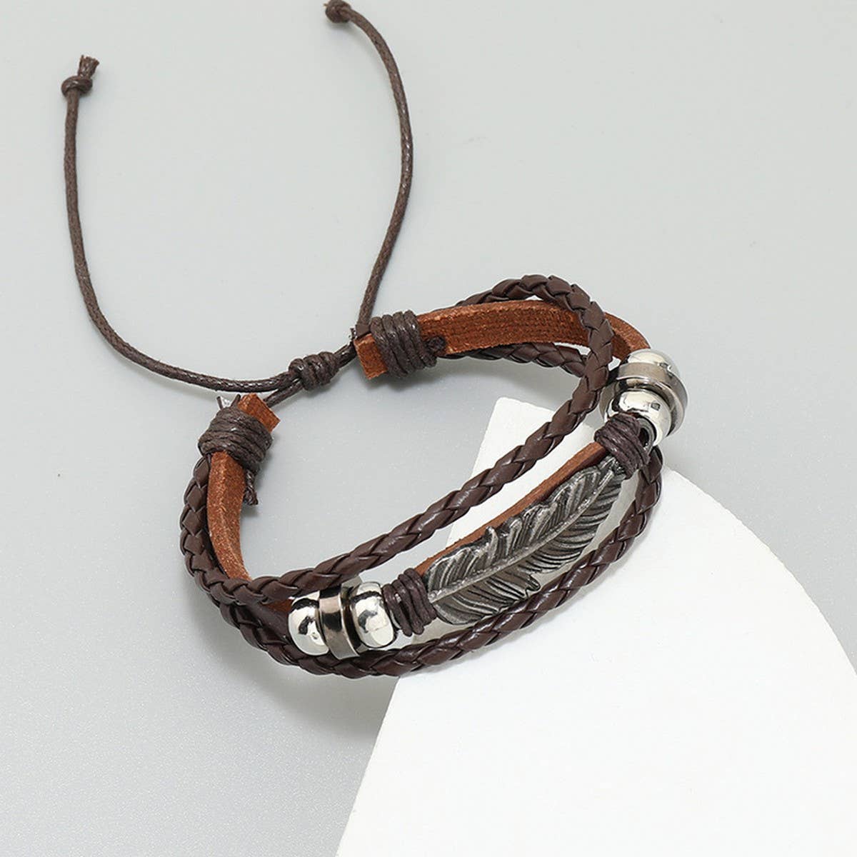SIMPLE ALLOY FEATHER BEADED LEATHER BRACELET_CWMM4520