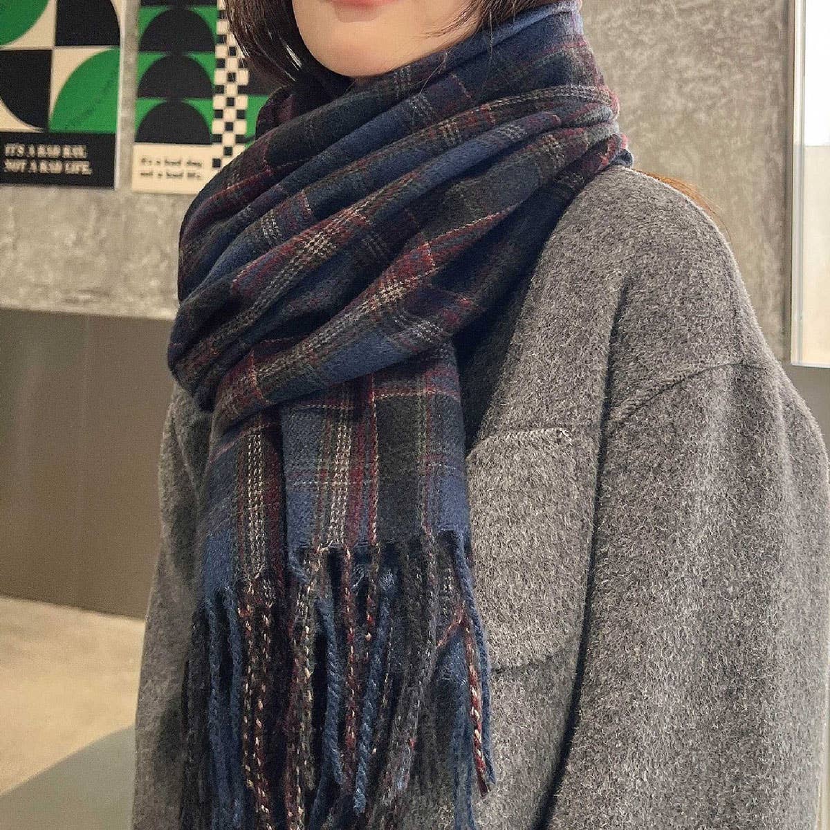 RED PLAID WINTER SCARF THICK WARM SHAWL WRAP_CWASC0175