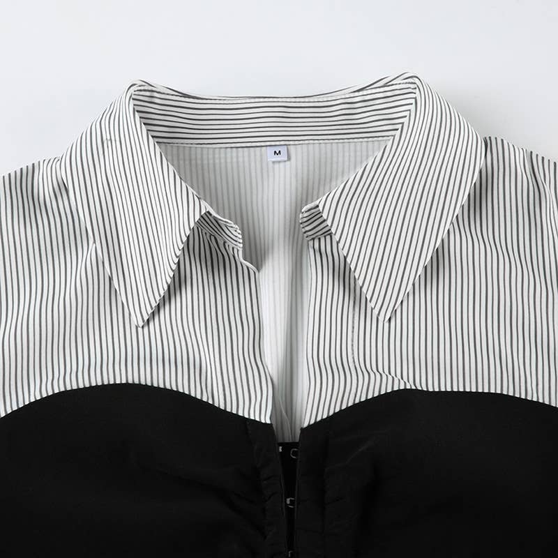 Waist Slim-Fit Lapel Color Striped Shirt