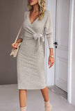 Solid Color V-Neck Long Sleeve Knit Lace-Up Dress