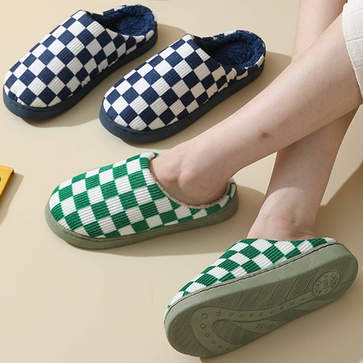 Household Simple Checkered Cotton Slippers_Cwshs0332