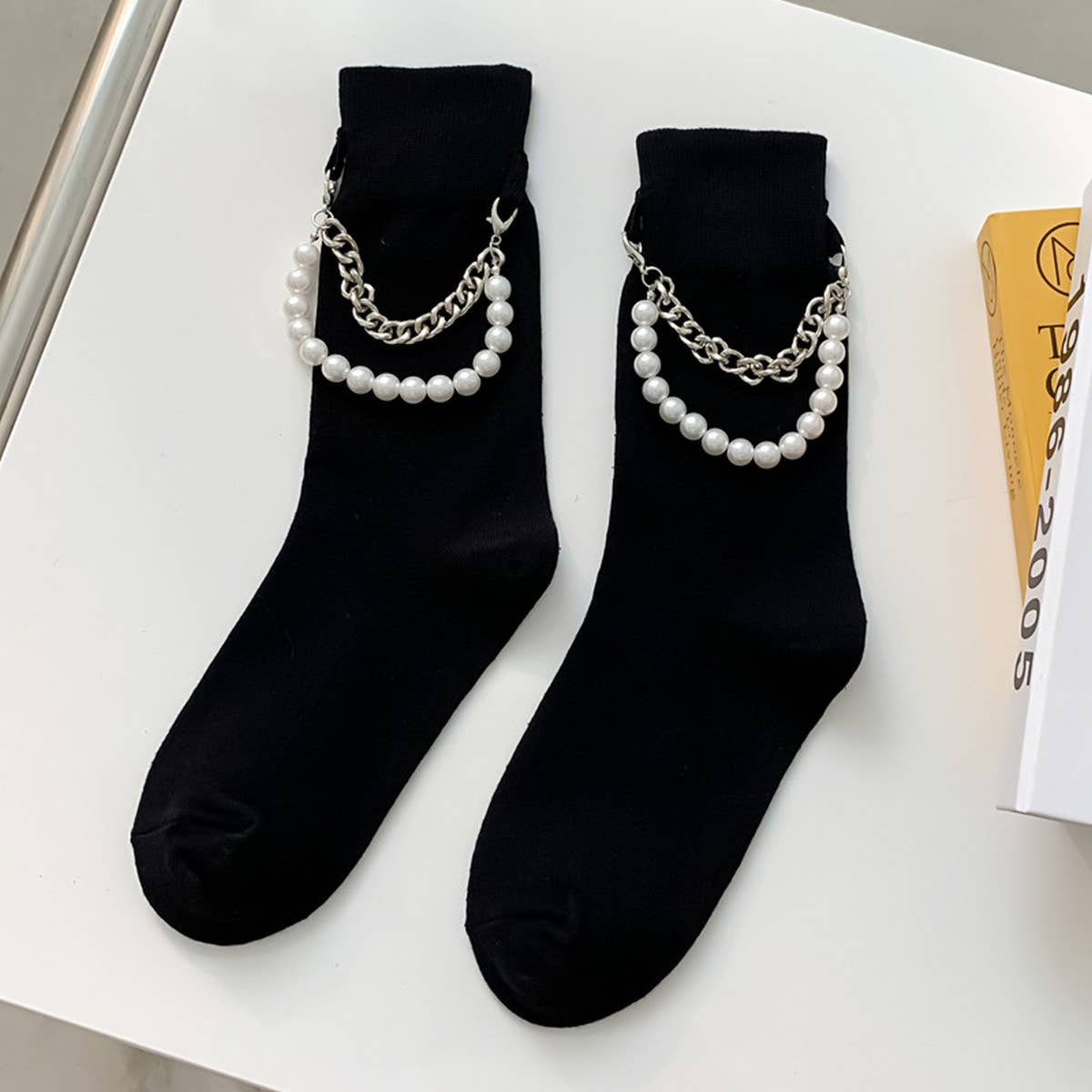 Women Black Punk Chain Socks_Cwms0657