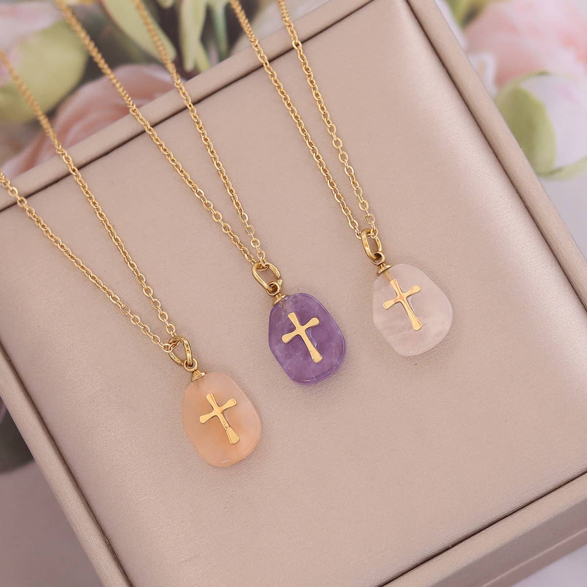 Women Natural Stone Cross Necklace
