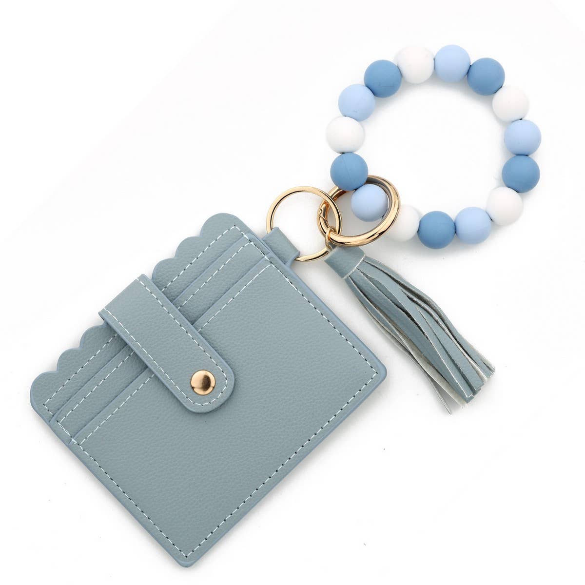 SOLID COLOR PU WALLET WITH BEAD BRACELET KEYCHAIN_CWAB4959