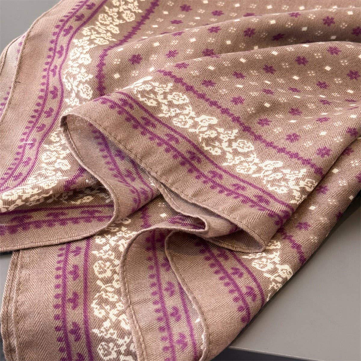 Retro Floral Herringbone Cotton Linen Square Scarf_Cwasc0343