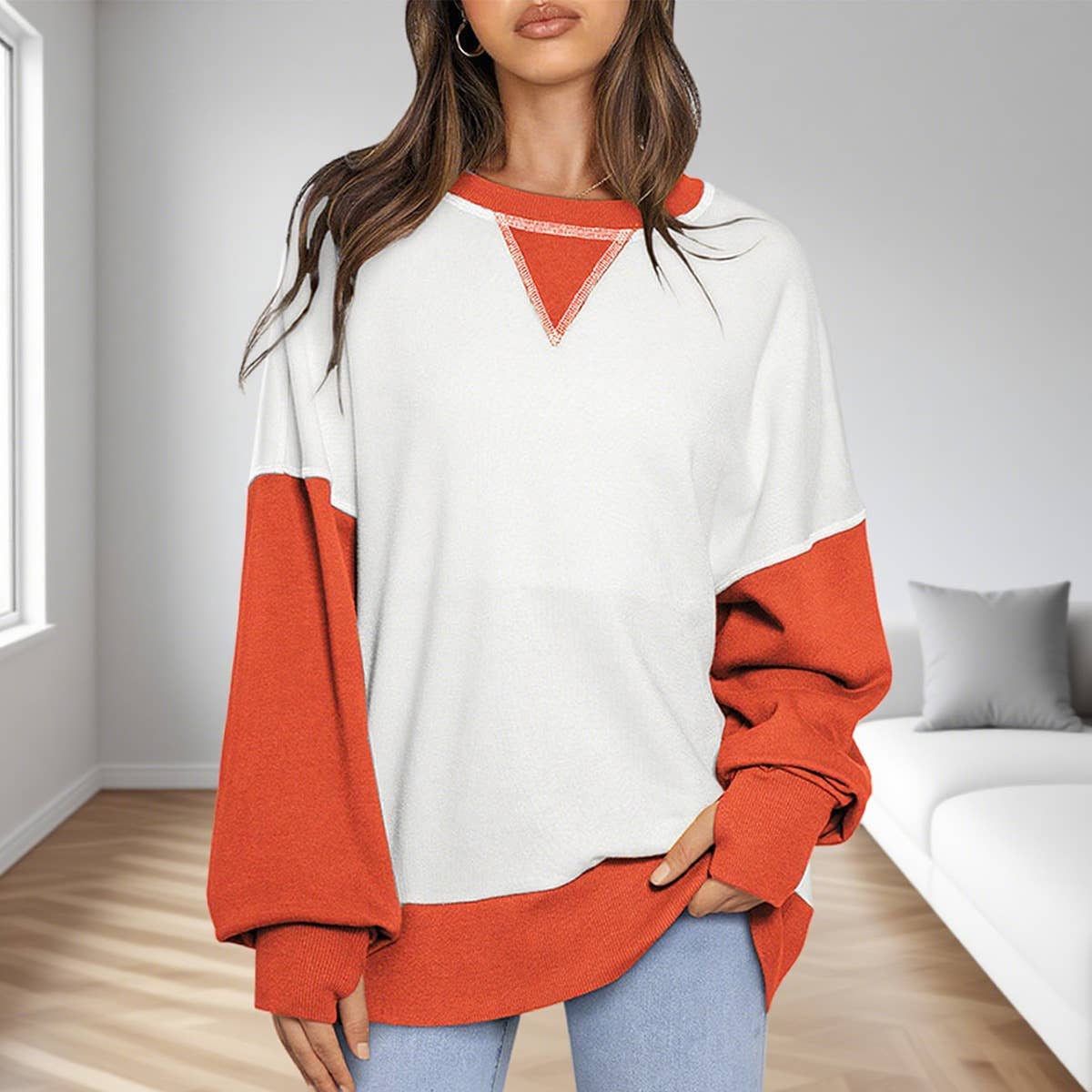 Two-Tone Round-Neck Loose Pullover Hoodie