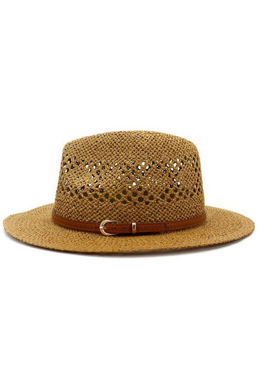 BROWN BELT VENTED WEAVE STRAW HAT_CWAH081