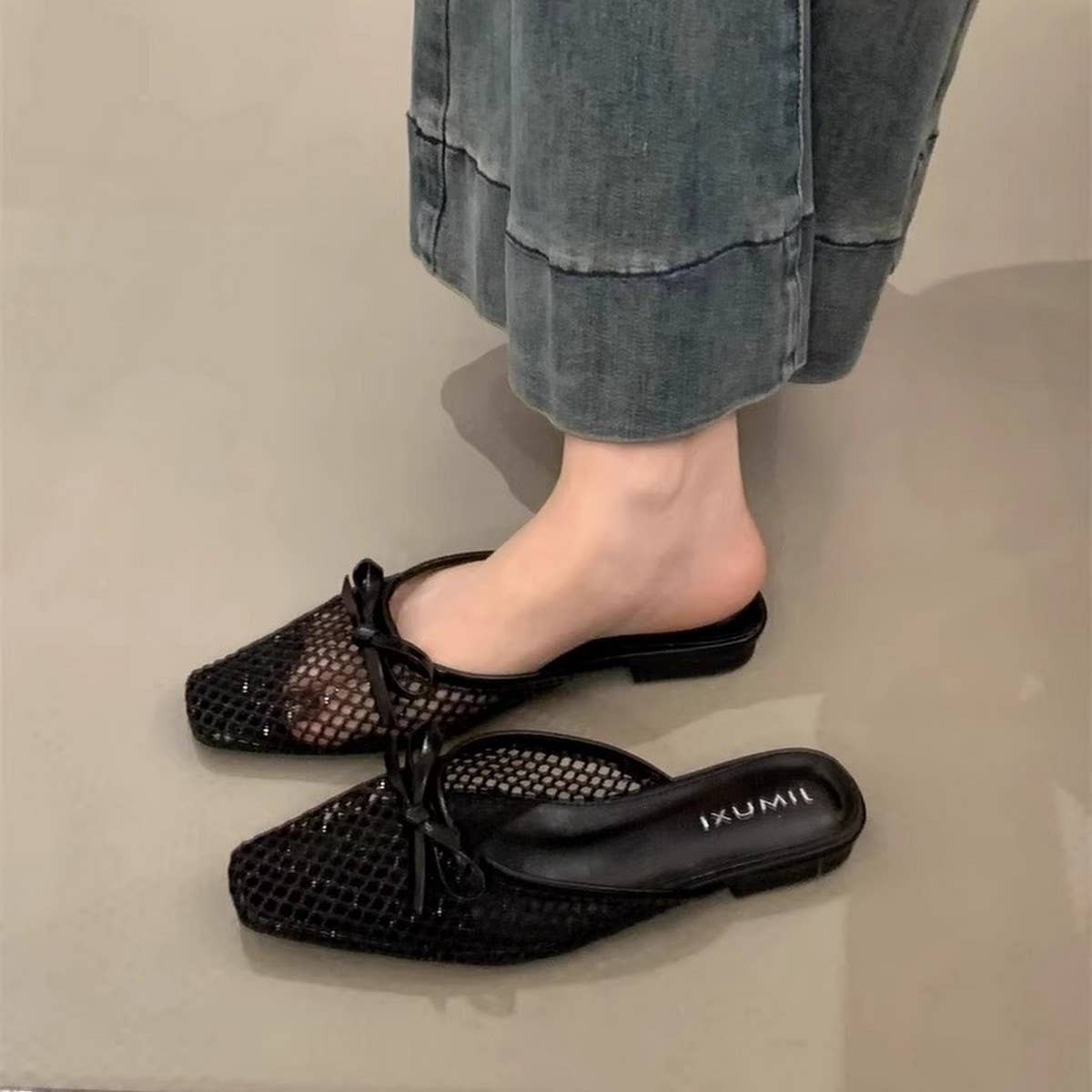 MESH BOW KNIT MULES FLAT BALLET SLIP ON SHOES_CWSHF0114