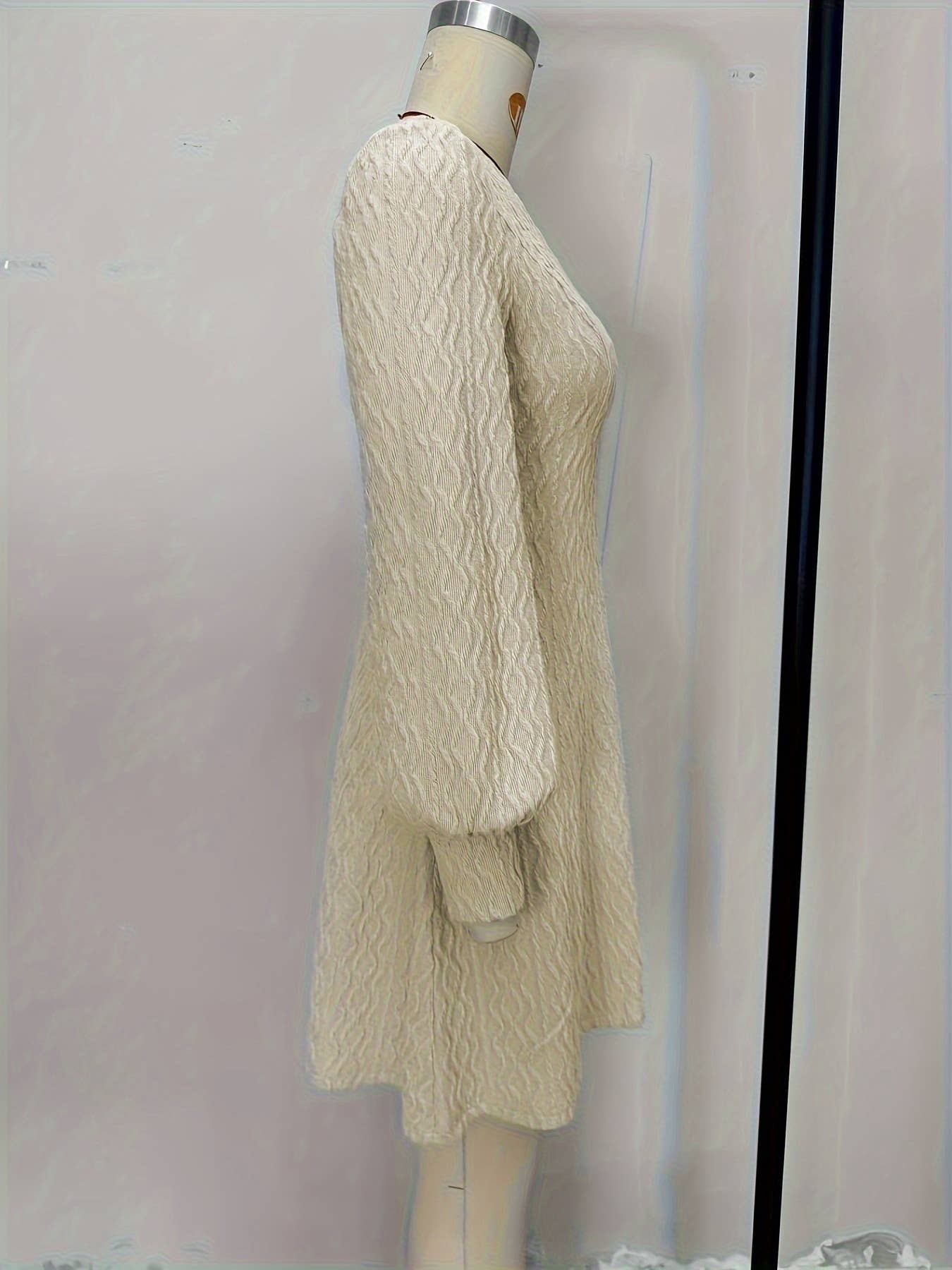 V-Neck Lace Trim Lantern Sleeve Dress