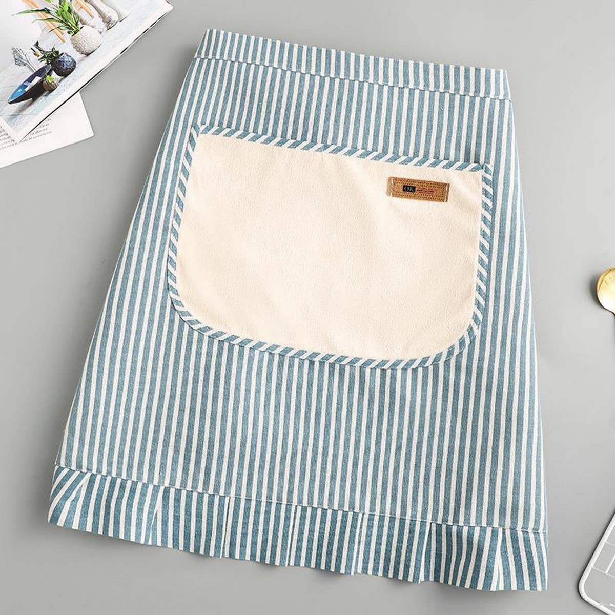 STRIPE HALF LENGTH LINEN COOKING APRON WITH POCKETS_CWMM2033
