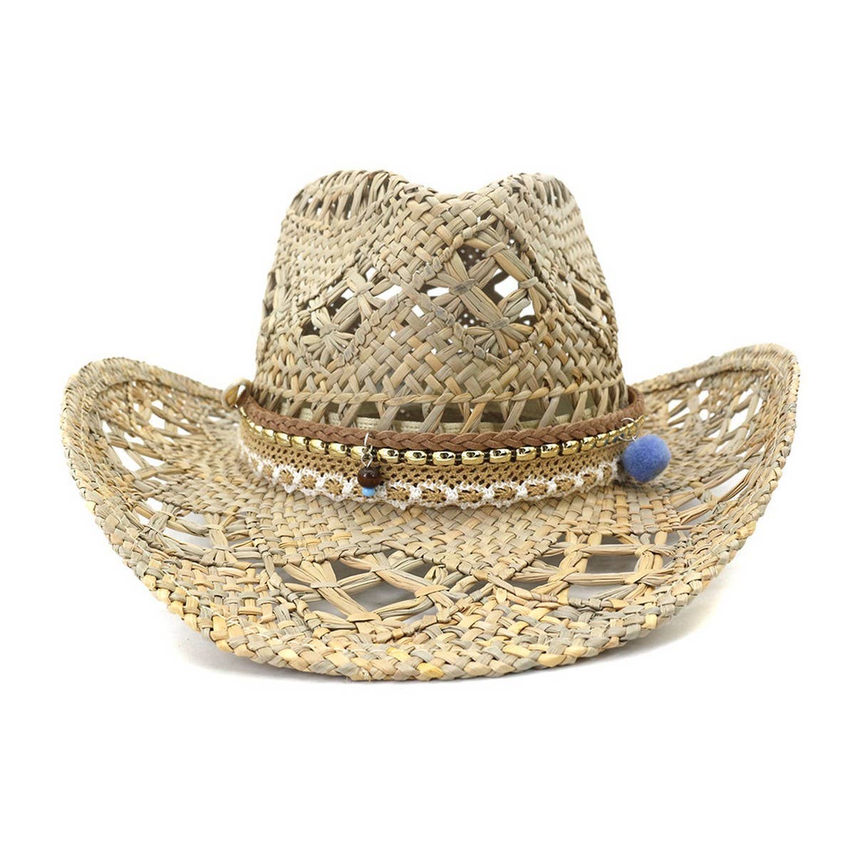 BEADED ROPE HANDMADE SEAGRASS COWBOY SUN HAT_CWAH1251