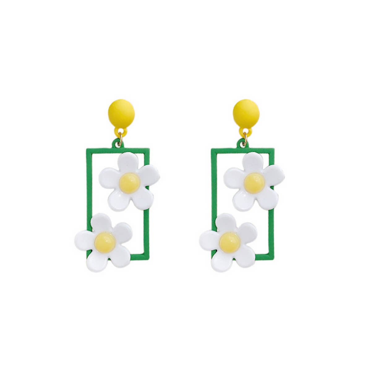 SIMPLE GREEN SQUARE FRAME FLOWER STUD EARRINGS_CWAJE1627