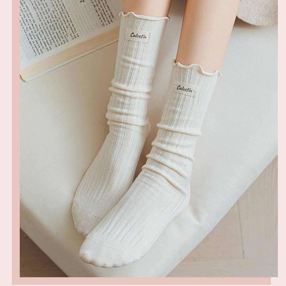 Women  Flower  Ear Edge Long Crew Socks_Cwms0420