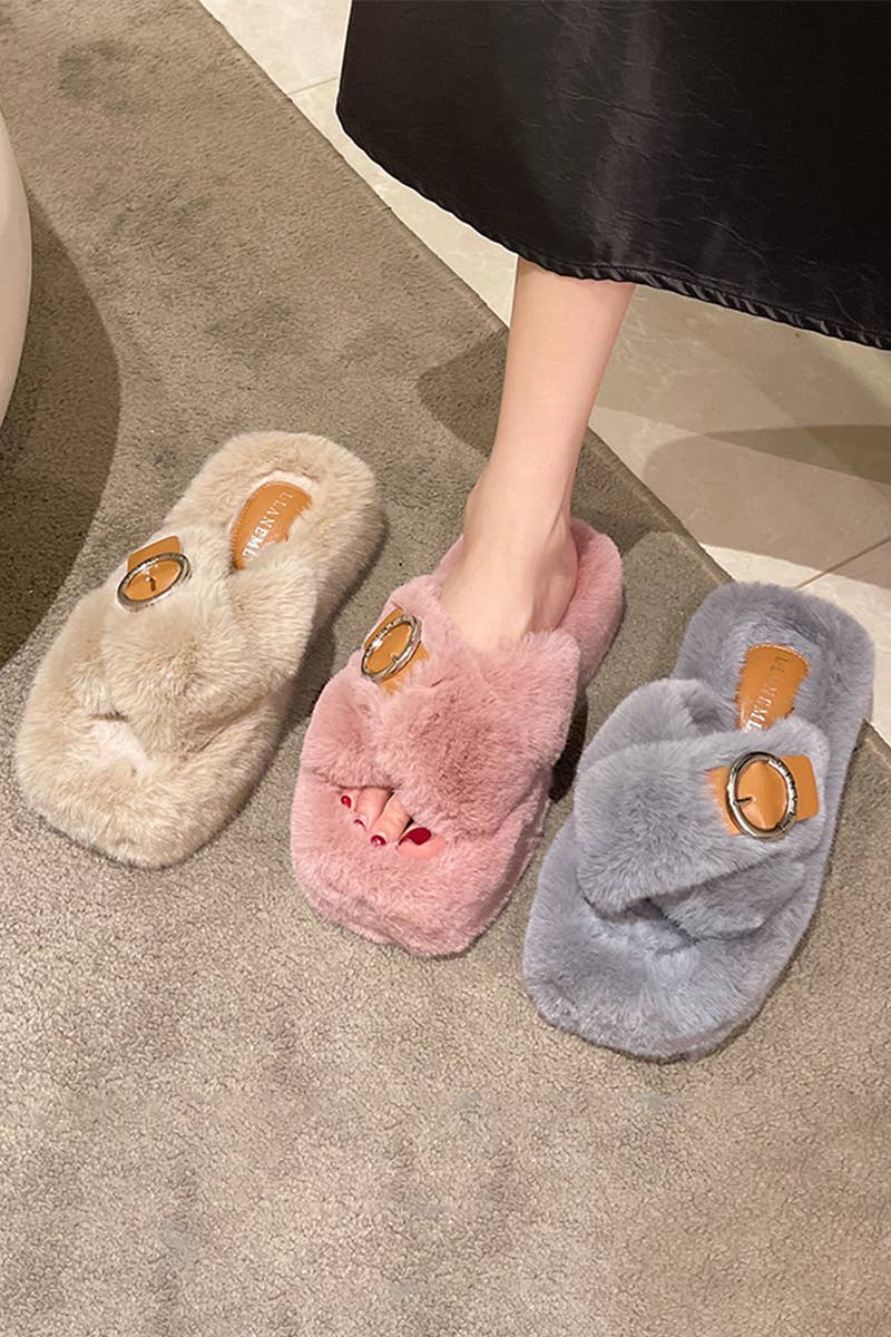 BUCKLE DECOR CRISS CROSS FLUFFY BEDROOM SLIPPERS_CWSHS0224