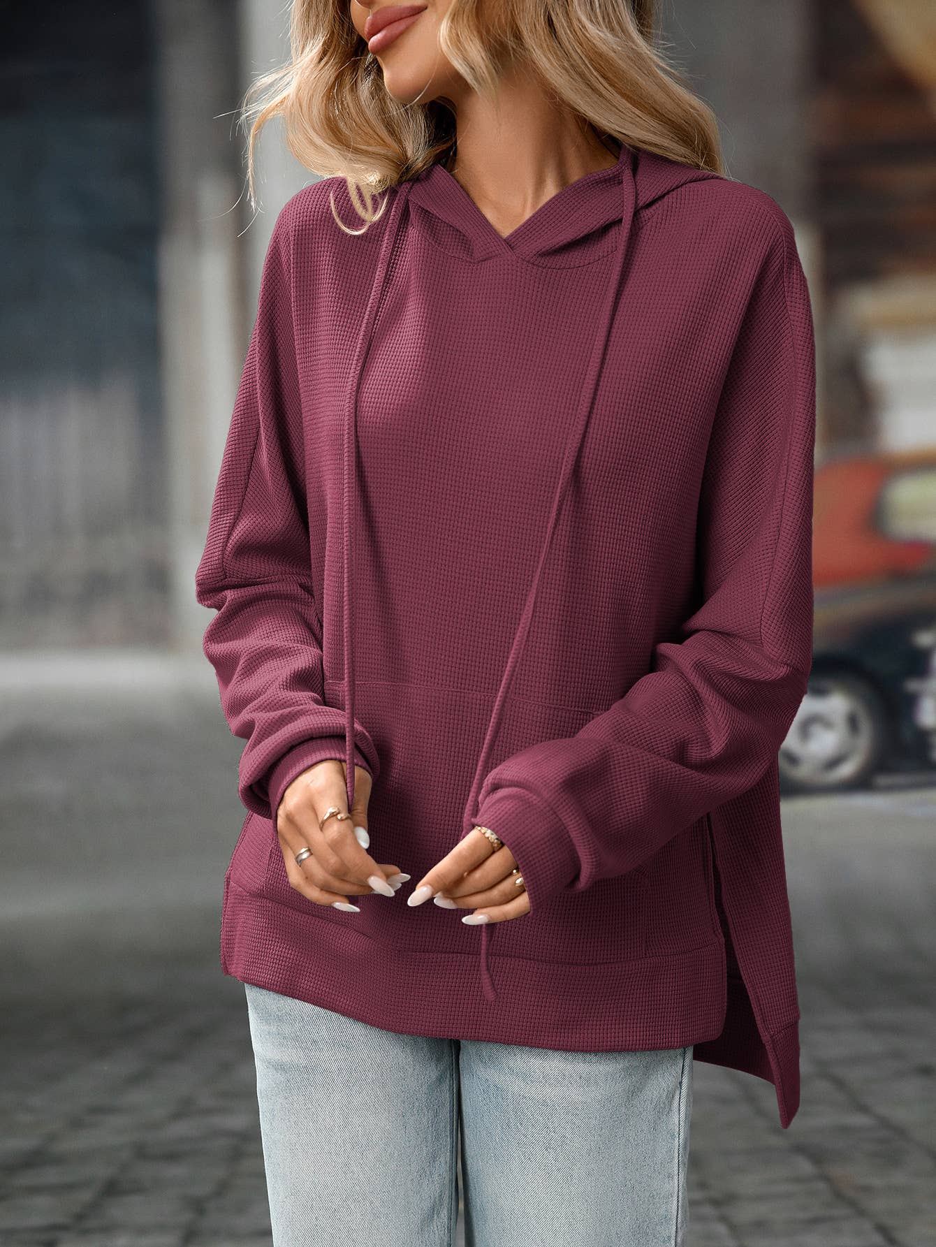Waffle Knitted Pullover Long-Sleeved Sweatshirt
