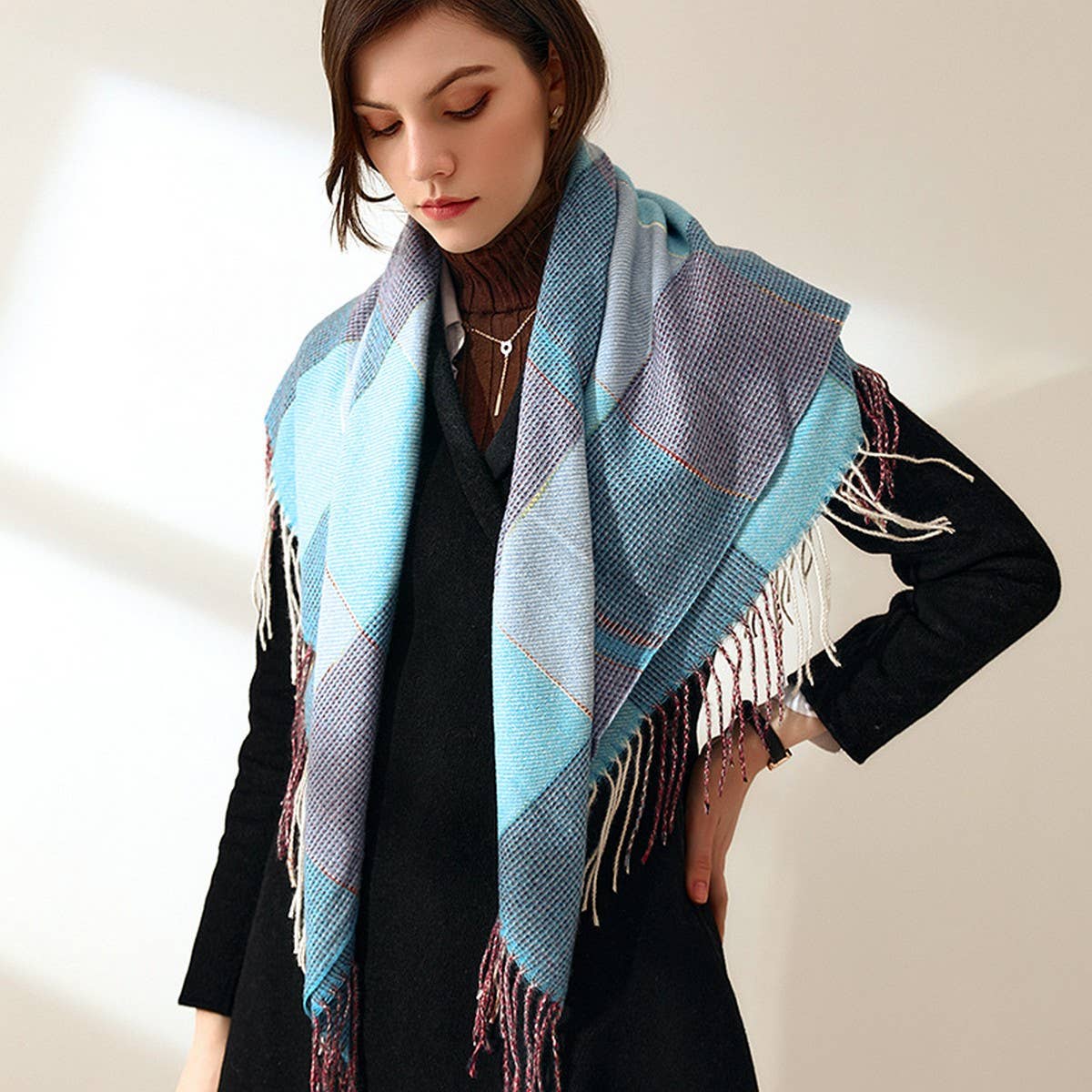 Women Fashion Long Shawl Big Grid Scarf