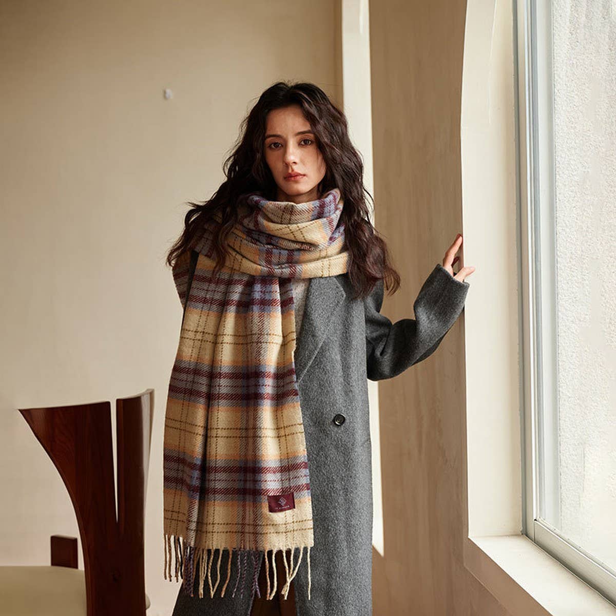 PLAID WOOL SCARF FOR WOMEN COZY WINTER KNIT_CWASC2336