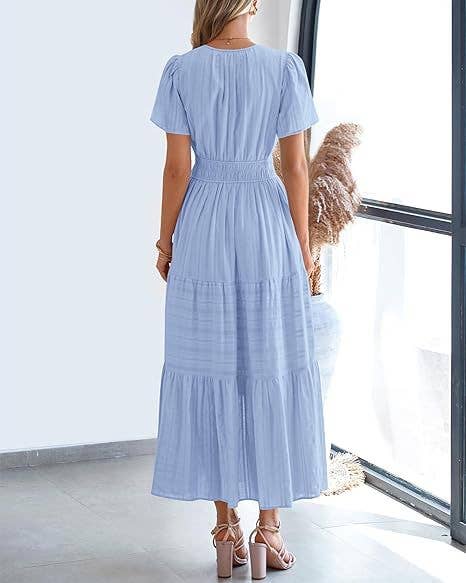 V-Neck Pleated Puffy Sleeve Short Sleeved Dress