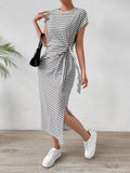 Striped Slim-Fit Waist Slimming Round Neck Dress