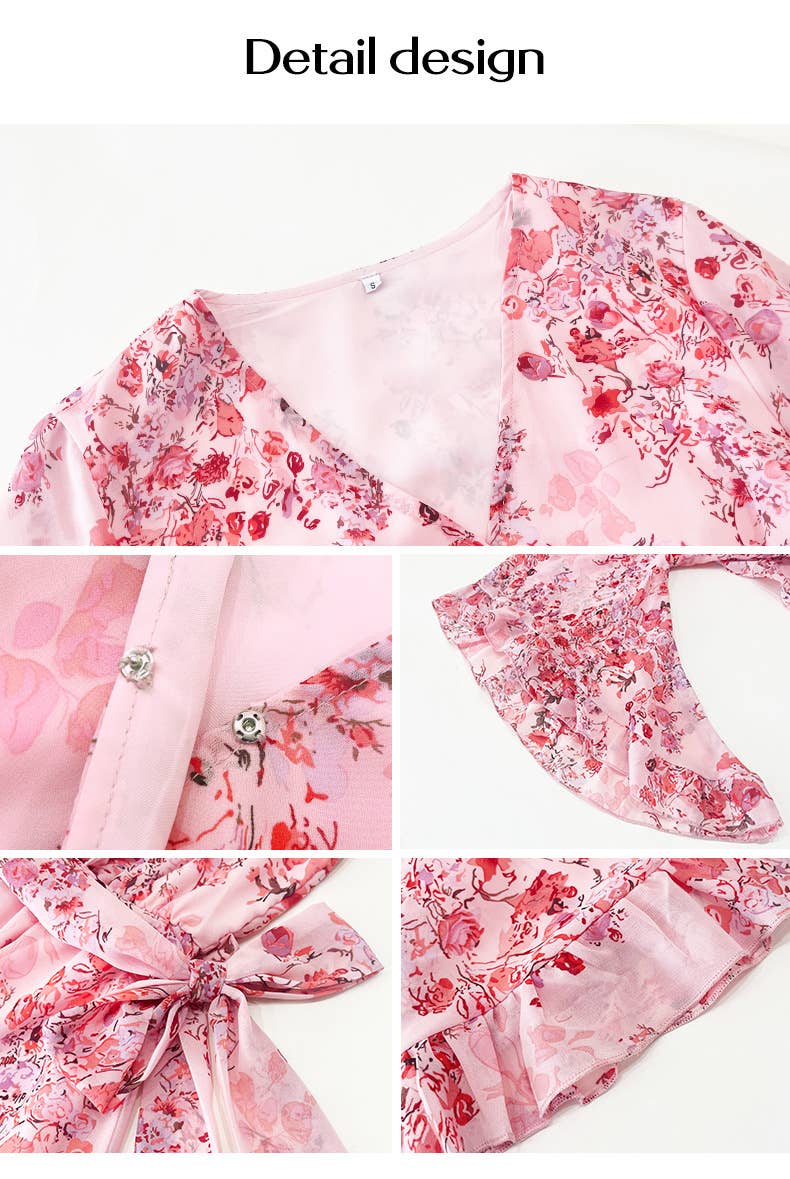 Vacation Floral Tie Waist Chiffon Short Dress