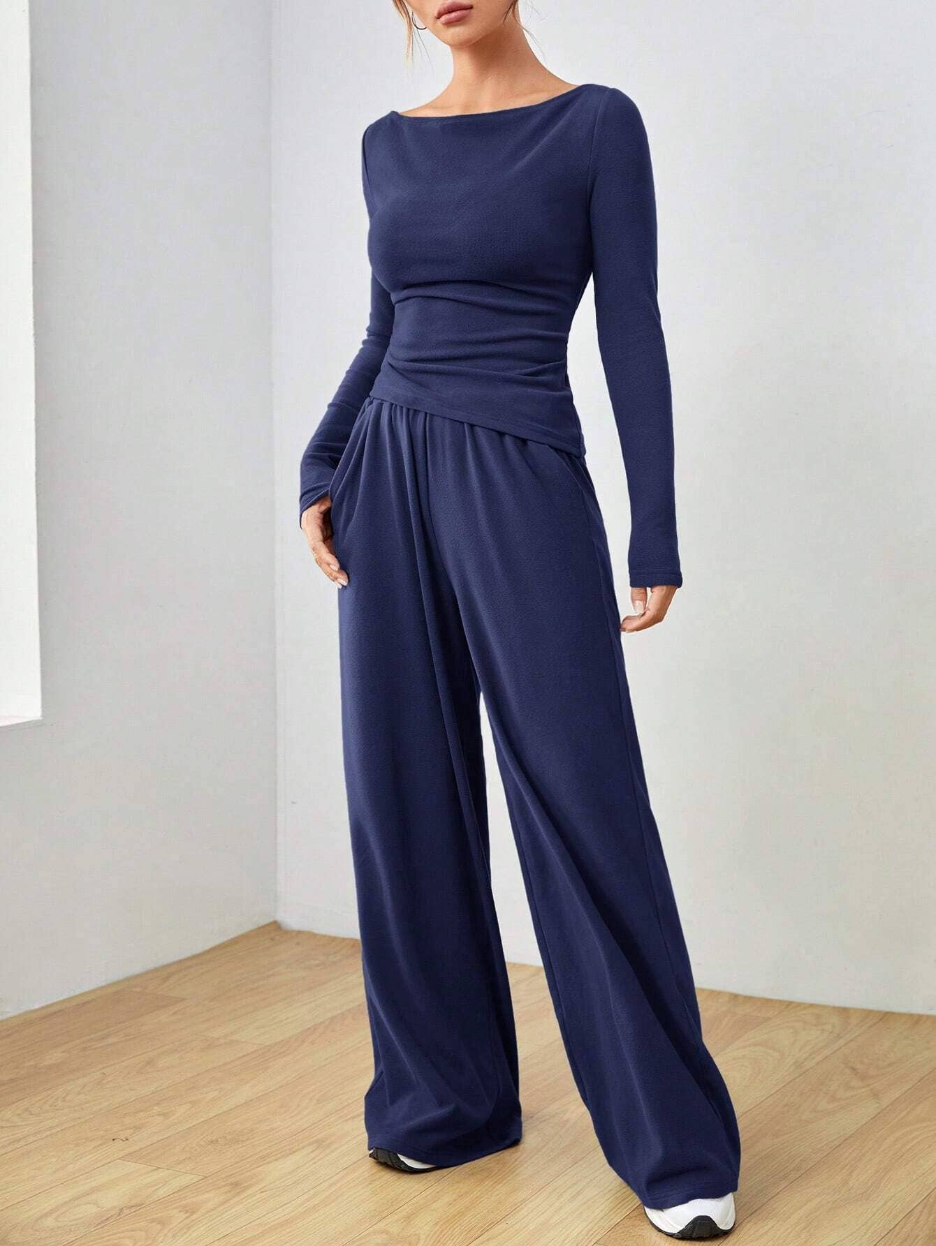 Solid-Color Long-Sleeved Wide-Leg Long Pants Set