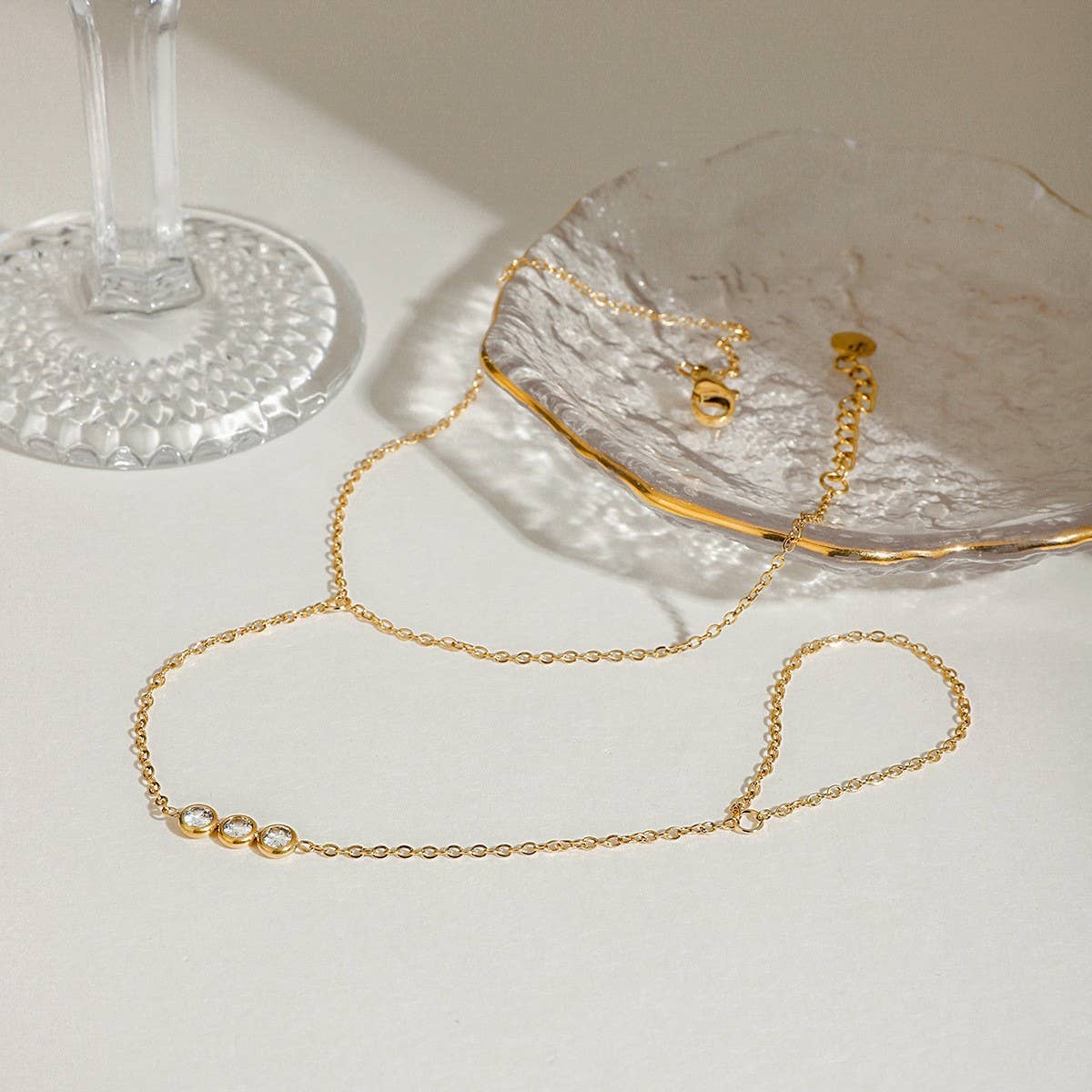 Trendy Triple Zircon Ring Anklet, 18K Gold Steel