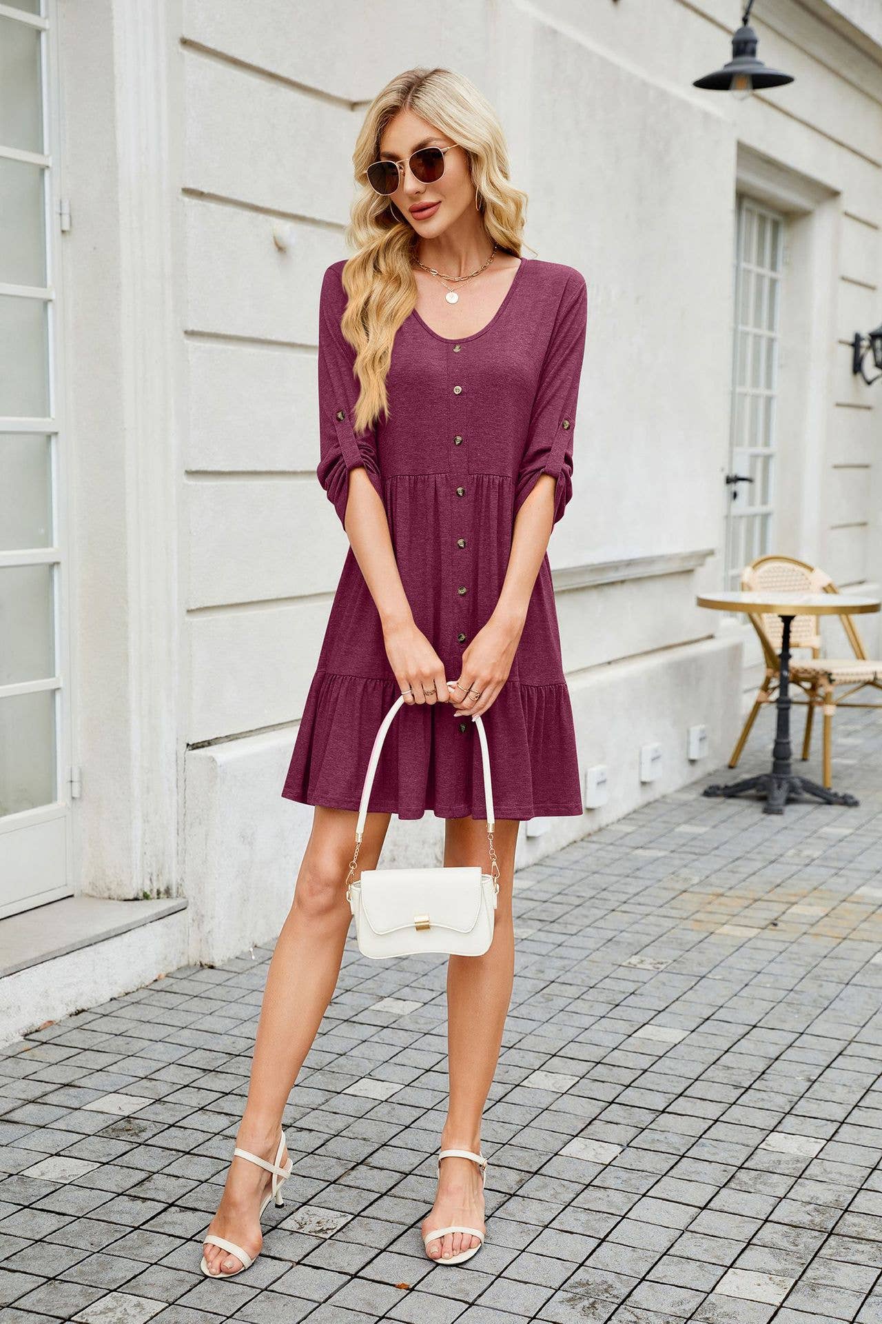 Solid Color Crew-Neck Button Mid-Length Dress