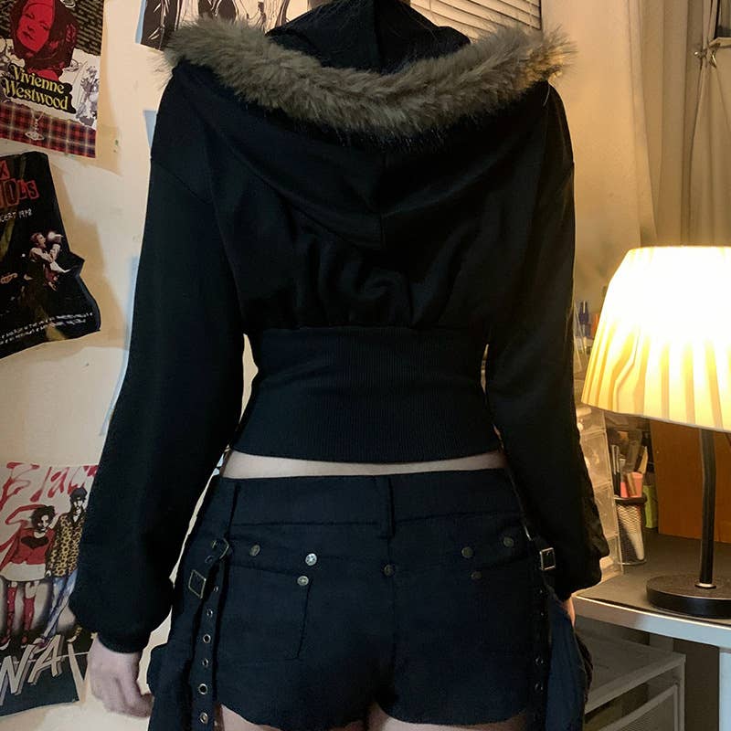 Woolen Collar,Cinched Waist,Hooded Zipper Jacket