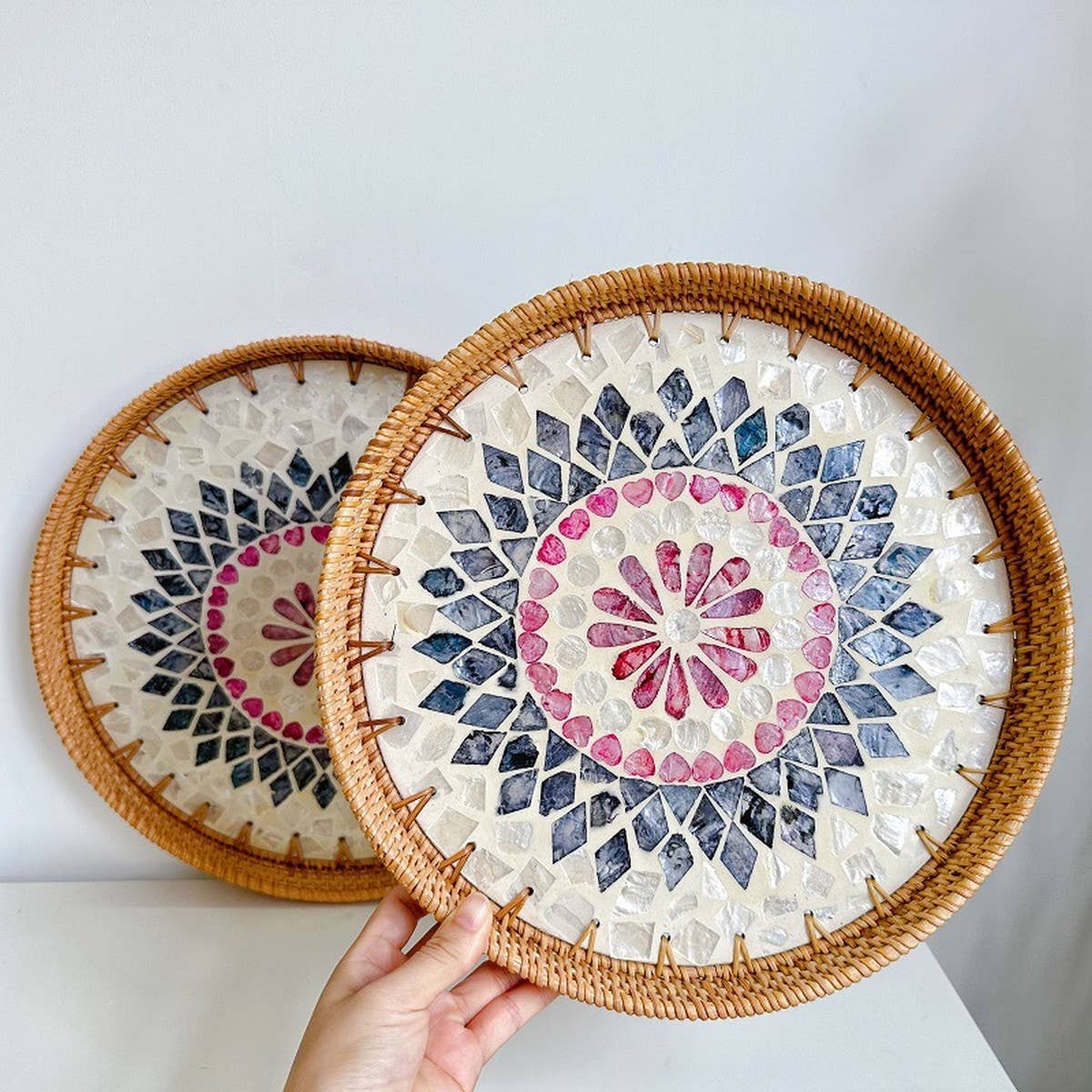 RATTAN SHELL STORAGE BASKET TRAY 2 PIECE SET_CWMM4542