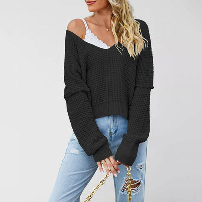 Women¡¯S Solid V Neck Off Shoulder Knit Sweater_Cwoswl07190