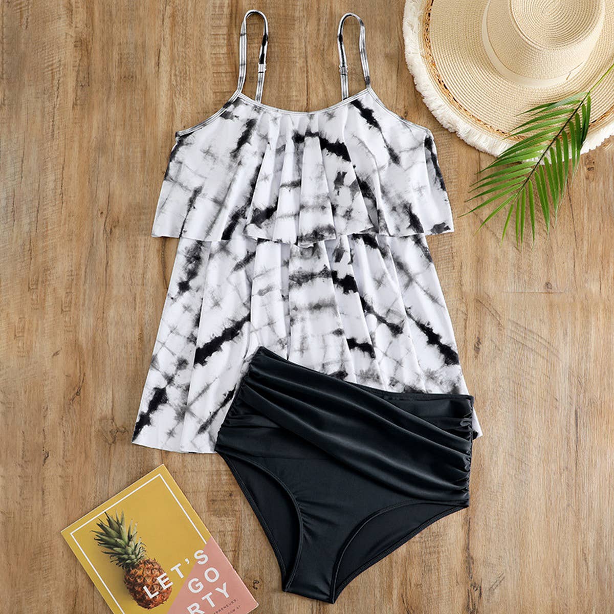 BLACK AND WHITE PRINTED SPLIT BIKINI SWIMSUIT_CWMW0231