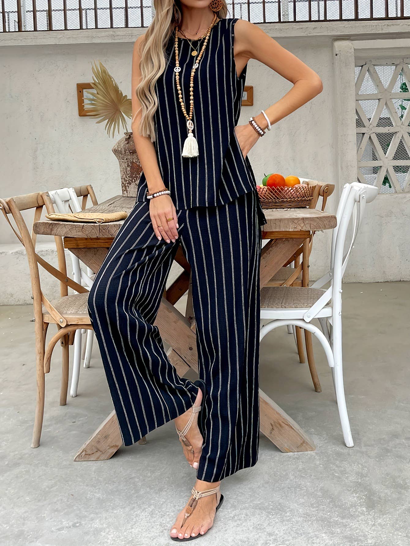 Striped Tank Top Wide Leg Pants Loose Suit