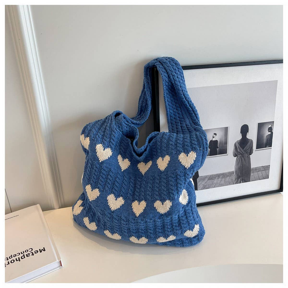 Cwab4569_Heart Pattern Knitted Large Capacity Tote Bag