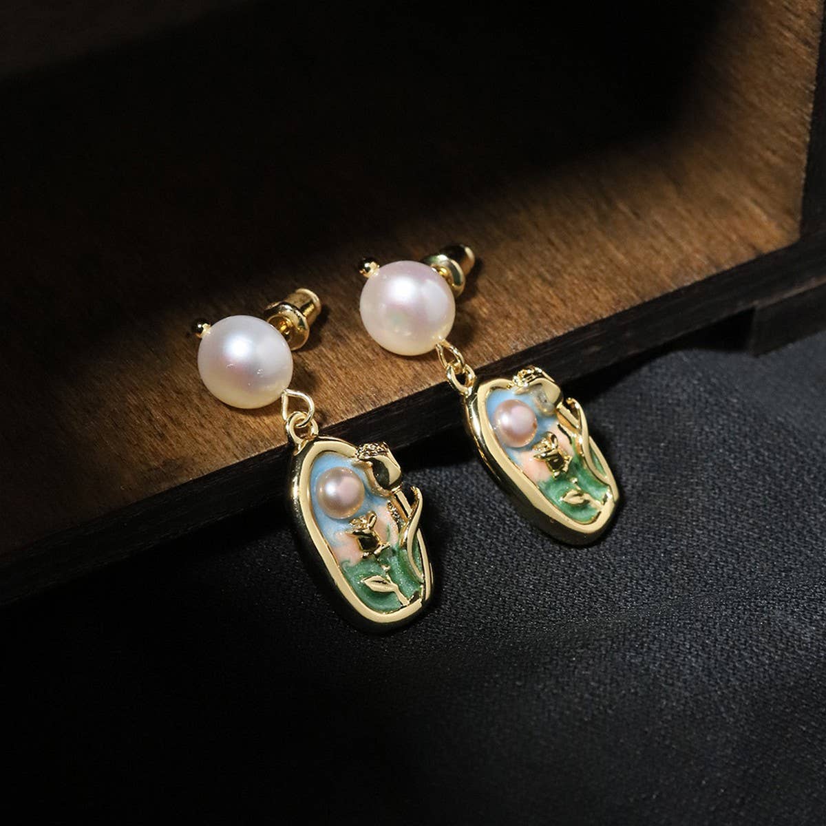 NEW HIGH END RETRO LITERARY SUNSET PEARL EARRINGS_CWAJE3794