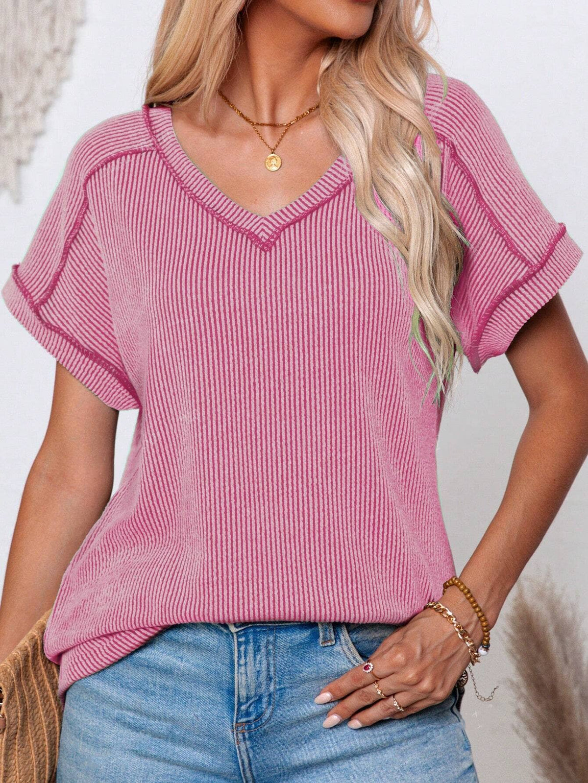 Womens Fashion Colorblock Twist V-Neck Tee