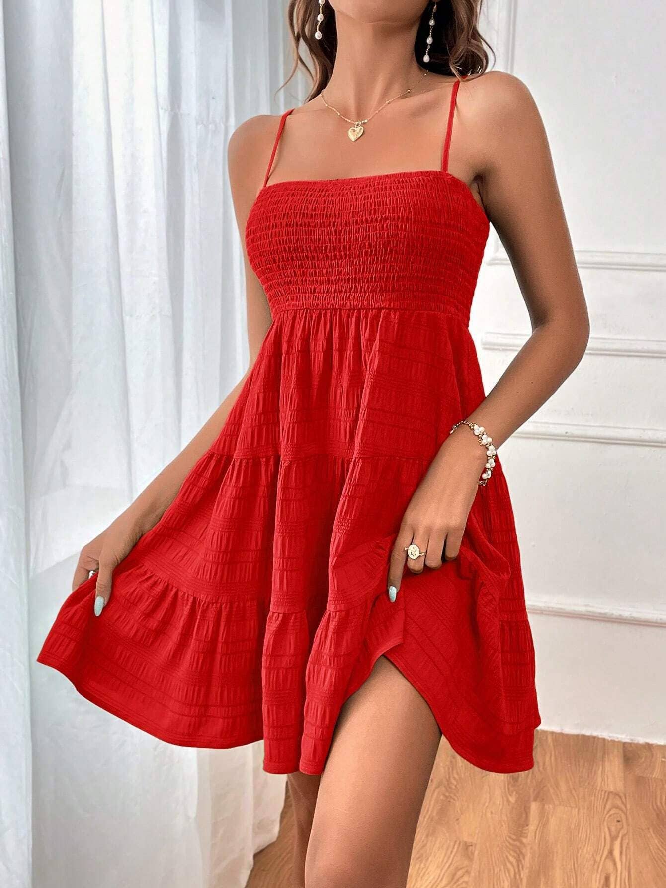 Solid-Color Textured One-Shoulder Strappy Dress